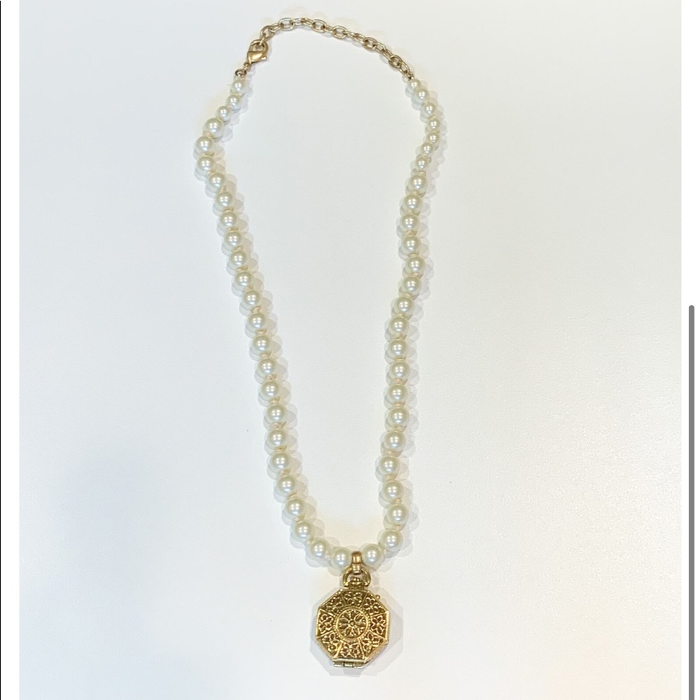 Up-cycled vintage locket pearl necklace.